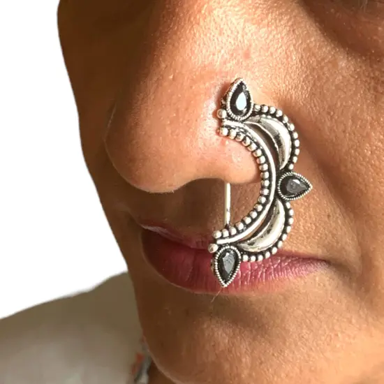 Indian Marathi Nath for Women Marathi Style Bow Oxidized Nose Ring Indian Jewelry Clip-On Bollywood Style Faux Pearl Non-Piercing Jewelry for Women Gift For Her - Marathi Bridal Nathani Rubygreen {2}