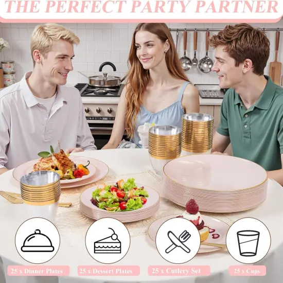 150Pcs Disposable Tableware Set 25 Guests - Pink and Gold {2}