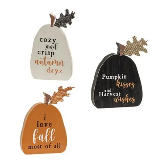 Wood Fall Pumpkin Blocks Set of 3 with Burlap Leaf Decor {1}