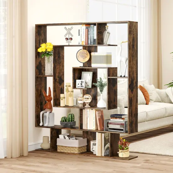 Rustic Brown Engineered Wood 7-Tier Bookshelf with Anti-Tip Kit and Geometric Design {6}