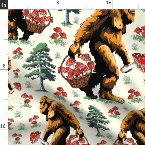 Various Fabrics by the Yard or Fat Quarter Bigfoot Mushroom Foraging Whimsical Funny Quirky Sasquatch Green Brown Red Custom Printed Fabric by Spoonflower {2}