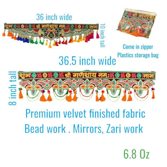 Indian Fabric Door Toran 36 Inch Bhandarwal Hanging Valance Velvet Embroidered Traditional Wall Decorative for Window Home Temple Decor Wedding Diwali Navratri Puja Housewarming Decorations {4}