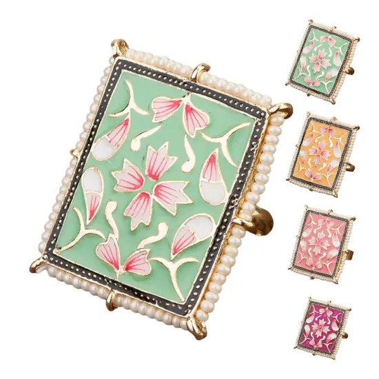 Classic Ring Meenakari Work Designer Adjustable Pearl Finger Ring for Women Minakari Ring with Gold Plating Statement Ring Boho Open Wrap Indian Bollywood Jewelry for Wedding Party Mint {1}