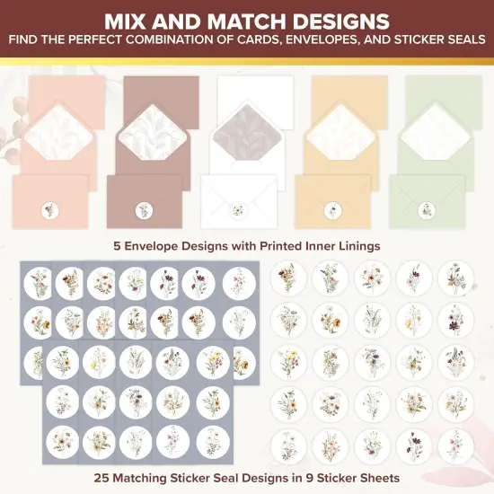 50 Pack 4x6in Blank Floral Cards with Envelopes and Stickers {4}