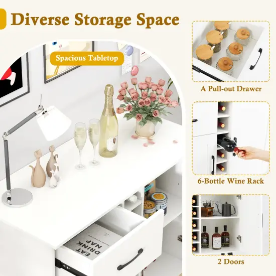 White Engineered Wood Buffet Cabinet with Drawer, Wine Rack and Adjustable Shelves {6}