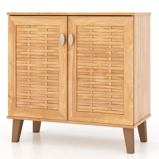 Teak Engineered Wood Shoe Storage Cabinet with Ventilated Doors and Removable Shelves {1}
