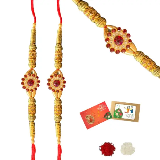 2CT Rakhi for Brother Bhaiya Bhabhi Traditional Handmade Designer Rakhi Set Roli Chawal, Greeting Card Rakshabandhan Rakhi Bracelet Hemper Gift Thread Bracelet {2}