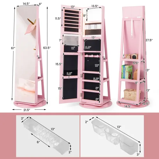 Pink MDF Freestanding Jewelry Armoire with Mirror, LED, Tray and Storage {5}