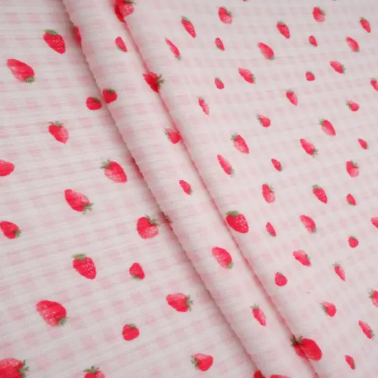 Soft Stretchy 4"x2" Yummy Rib Fabric with Strawberry Print 58/60" Wide Polyester Spandex Blend BLUE LT {2}