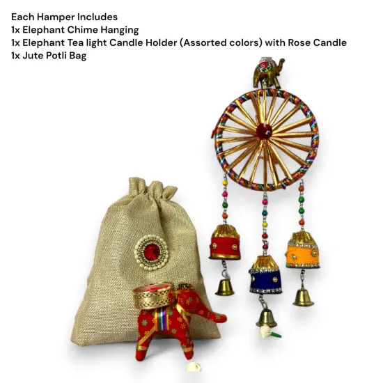 Diwali Gift Hamper Indian Festival Jute Potli Bag with Wind Chime Hanging Elephant Candle Holder Navratri Thanksgiving Christmas Hampers for Employees Friends Relatives - Return Gift Items {3}