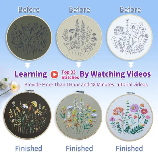 3 Pack Beginner Embroidery Kits, DIY Starter Set with Stamped Flower Designs, Embroidery Hoop, Colorful Threads, Tools {4}