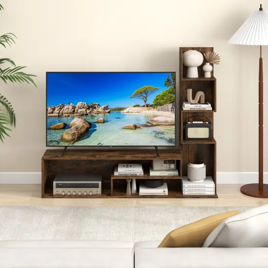 Rustic Brown TV Stand for 50 Inch TVs Media Console with L-Shaped Shelves and Open Storage {1}