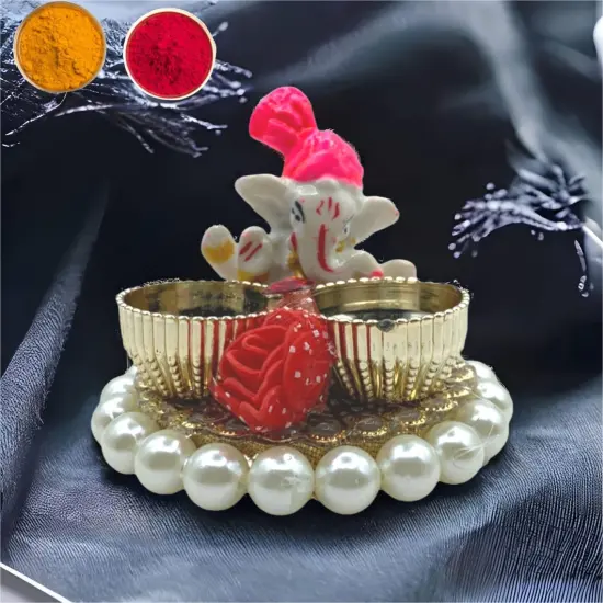 Pack of 4 Bulk Decorative Plate Indian Pooja Thali with Ganesh Murti Artificial Flower and Bowls Haldi Kumkum Platter Teej Diwali Pooja Return Gift Housewarming Gift {2}