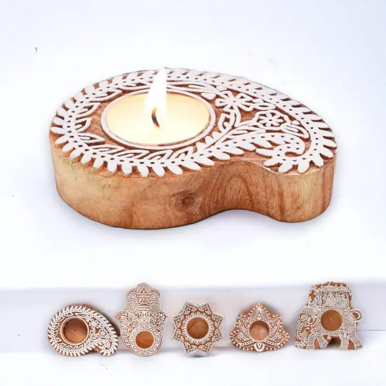 Wooden Block Print Tea Light Candle Holders for Diwali Handmade Tlight for Deepawali Decoration Items Designer Diya Deepam for Goddess Worship Housewarming Gifts (hamsa/paisley/star/lotus) {1}