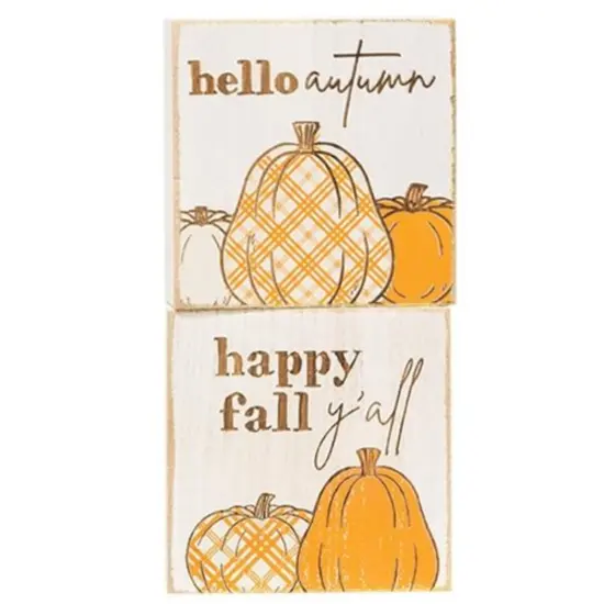 Wooden Fall Decor Blocks with Pumpkin Graphics, Freestanding Seasonal Signs 2 Asstd. {1}