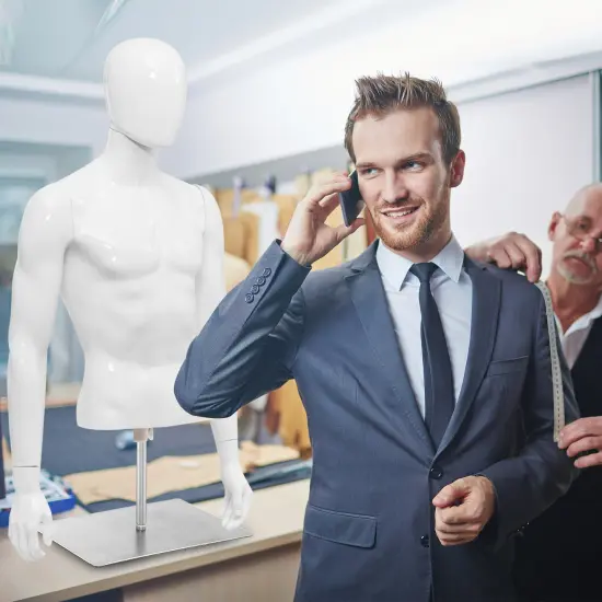 Bright White Male Mannequin with Adjustable Iron Base and Rotatable Head {3}