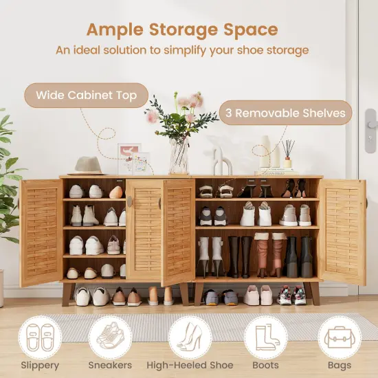 Teak Engineered Wood Shoe Storage Cabinet with Ventilated Doors and Removable Shelves {6}