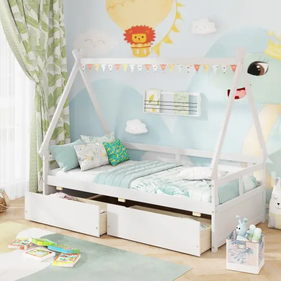 White Solid Wood-MDF Twin House Frame Bed with Storage Drawers and No Box Spring Needed for Kids Room {1}
