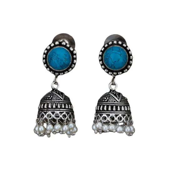 Indian Oxidized Jhumka Earrings for Women - Indian Oxidized Bell Tassel Jhumki Ethnic Chandbali Earrings Faux Pearls with Oxidized Platting Bollywood Style Dangle Earring Jewelry for Bride Assorted {3}