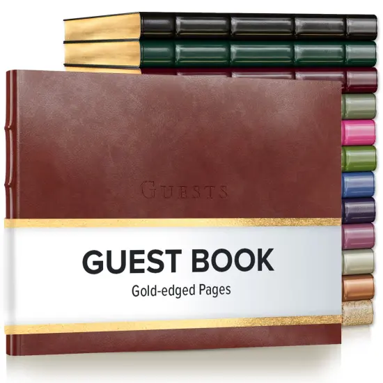 Gallery Leather Guest Book Special Events, add Photos, 192 Lined Pages, Bonded Leather, Hardcover, Gold-Gilded, Guestbook Acadia Tan {1}