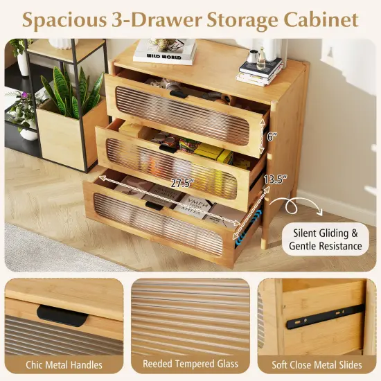 Natural Wicker 3-Drawer Cabinet with Tempered Glass Fronts and Soft-Close Drawers {3}
