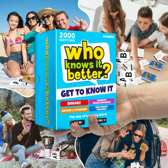 QUOKKA Board Games for Kids 8-12 and Family - Set of 4 Who Knows It Better? - 2000+ Questions Across Biology, Culture, STEM and Math - Educational Trivia Cards for Learning and Game Night {6}