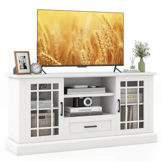 TV Stand for TVs up to 70 with Glass Doors Cubbies and Drawer-White {5}