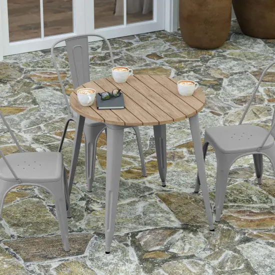 Merrick Lane Dryden Indoor/Outdoor Dining Table, 30" Round All Weather Poly Resin Top with Steel Base BrownTop/SilverFrame {3}