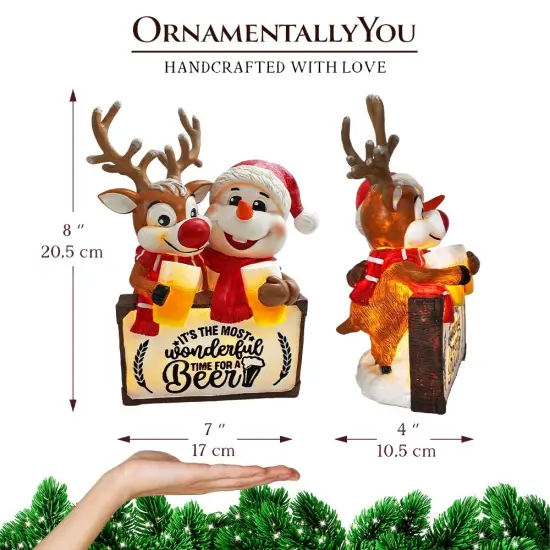 It's the Most Wonderful Time for a Beer Festive Figurine, 8" Snowman and Reindeer Christmas Party Statue {3}