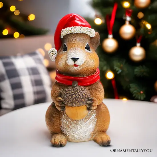 Charming Chipmunk with Santa Hat Figurine, 5" Playful Christmas Rodent Garden Statue {1}