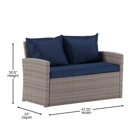 Emma and Oliver 4 Piece Patio Set with Gray Back Pillows & Seat Cushions - Outdoor Seating Navy/LightGrayFrame {5}