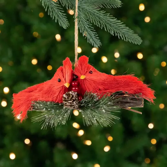 Northlight 8" Double Cardinal and Pine Needle Branch Hanging Christmas Ornament Red {1}