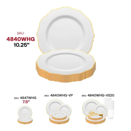 White with Gold Rim Round Blossom Disposable Plastic Dinner Plates - 10.25" (120 Plates) {6}