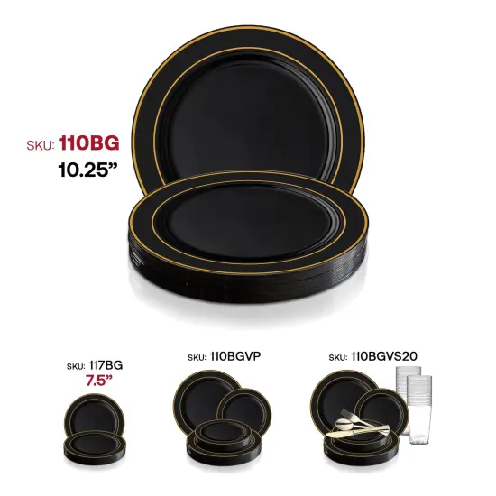 Black with Gold Edge Rim Plastic Dinner Plates - 10.25" (120 Plates) {6}