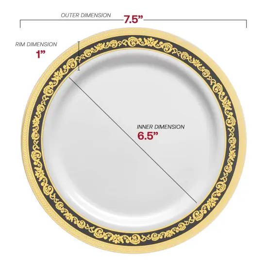 White with Black and Gold Royal Rim Plastic Appetizer/Salad Plates - 7.5" (120 Plates) {3}