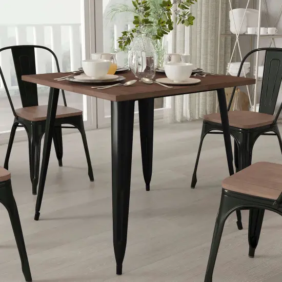 Merrick Lane Modern 31.5" Square Metal Table with Rustic Wood Top for Indoor Use Black {3}