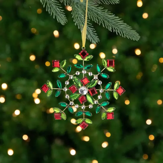 Northlight 6.5" Green and Red Gem Stone Flowers Snowflake Christmas Ornament {1}