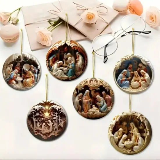 Kitcheniva 2D Wooden Vintage Birth of Jesus Nativity Scene Christmas Ornaments {3}