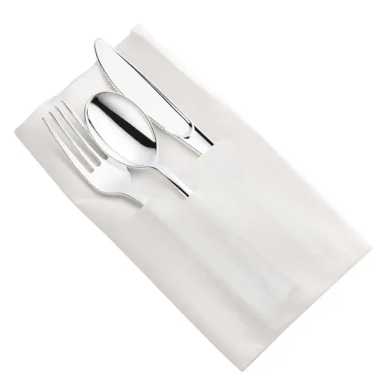 Silver Plastic Cutlery in White Pocket Napkin Set (70 Guests) {1}
