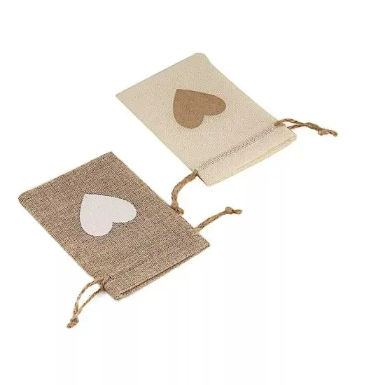 20 Natural Ivory Faux Burlap FAVOR BAGS Heart Design Party Events Decorations {1}