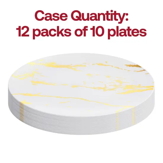 White with Gold Marble Stroke Round Disposable Plastic Dinner Plates - 10.25" (120 Plates) {4}