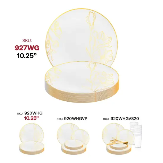 White with Gold Antique Floral Round Disposable Plastic Appetizer/Salad Plates - 7.5" (120 Plates) {6}