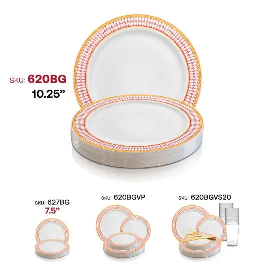 White with Red and Gold Chord Rim Plastic Dinner Plates - 10.25" (120 Plates) {4}