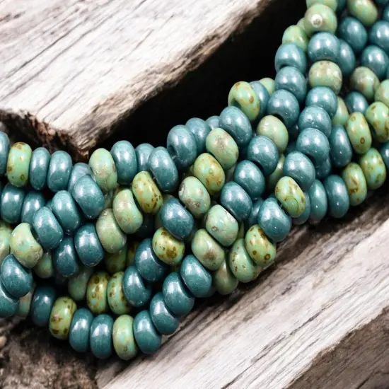 33/0 Aged Green Turquoise Picasso Seed Bead Mix (17" Strand) {4}