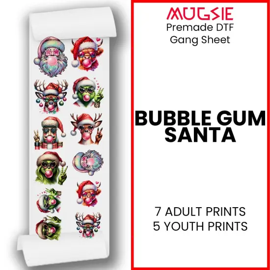 Bubble Gum Santa - Christmas DTF Transfer 22x60 Direct-to-Film Gang Sheets - 7 Adult Prints And 5 Youth Prints Iron On Transfers {1}