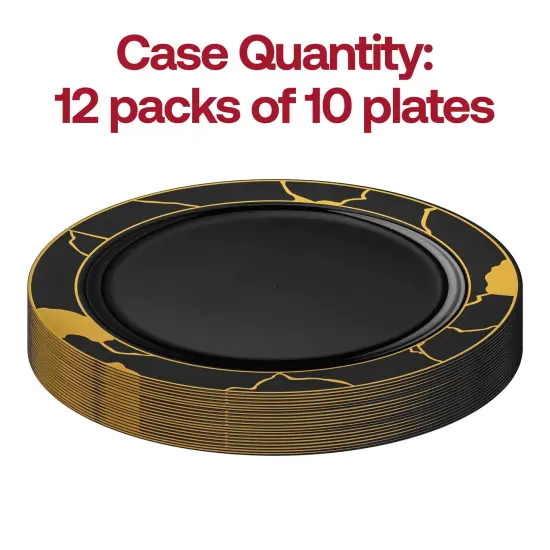 Black with Gold Marble Disposable Plastic Dinner Plates - 10" (120 Plates) {4}