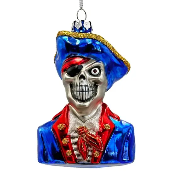 Fierce Pirate Skeleton Glass Ornament, Gothic Skull Ship Captain Spooky Decor {1}