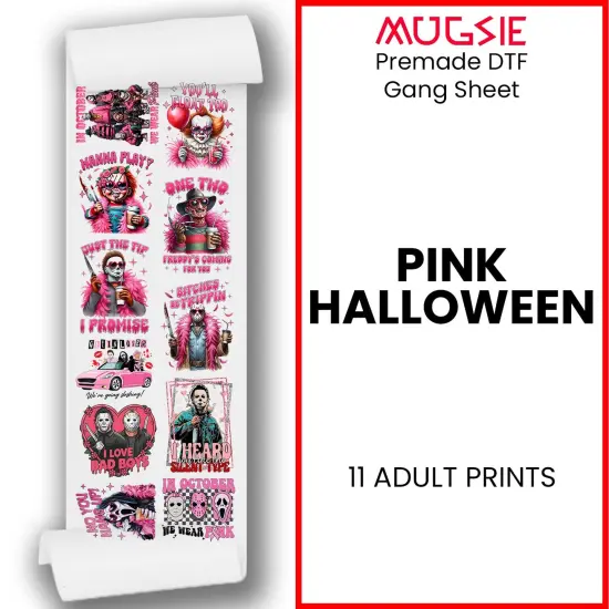 Pink Halloween DTF Transfer 22x60 Direct-to-Film Gang Sheets Iron On Transfers - 11 Adult Prints {1}