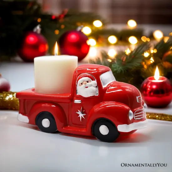 Red Truck with Santa Christmas Candle, Ceramic and Scented with an Invigorating Lemon Basil Fragrance {1}