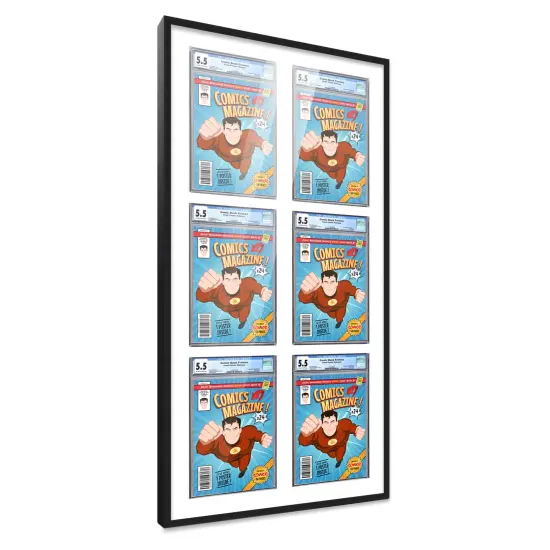 Comic Book Frame with Mat for 6 Graded Comics - Black Wood Comic Frame With White Mat for 8.125x13 Comics - 20.75x44.5 Frame Size {2}